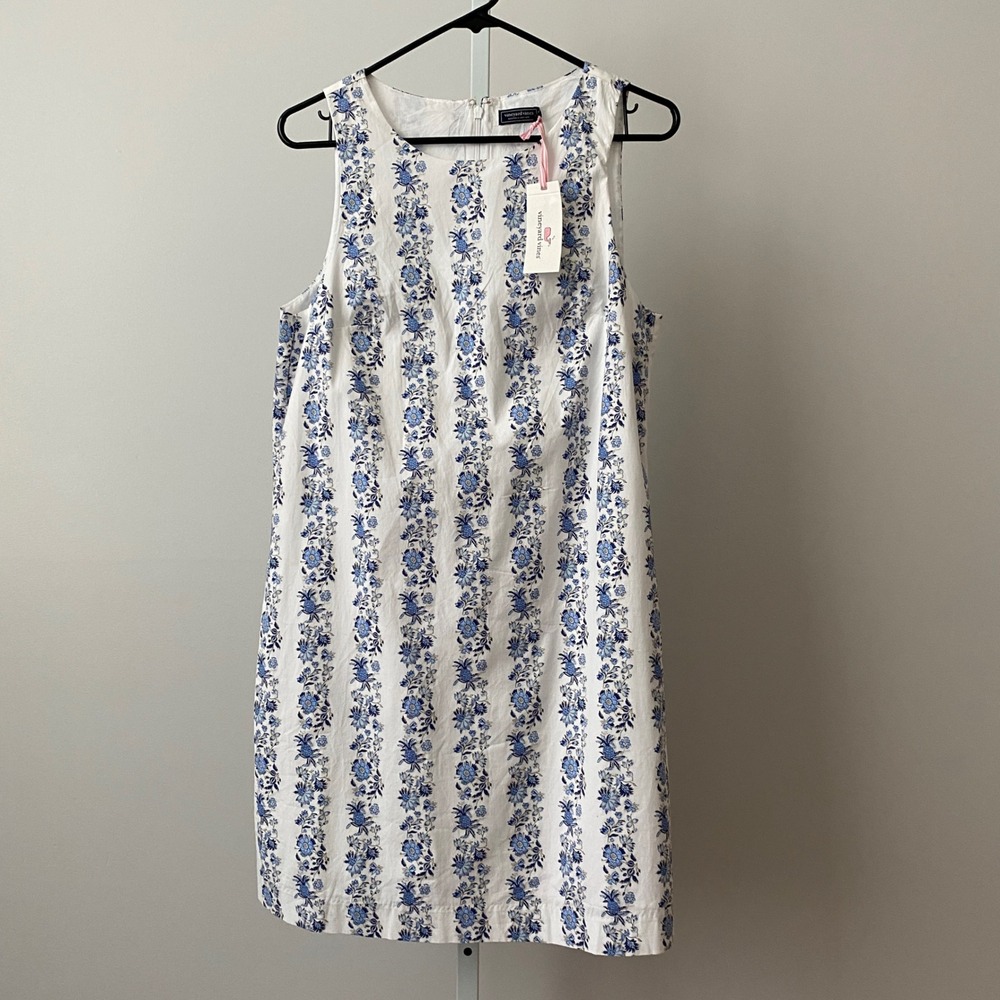 Vineyard Vines Cotton Dainty Coastal Preppy Floral Shift Dress Small White Blue